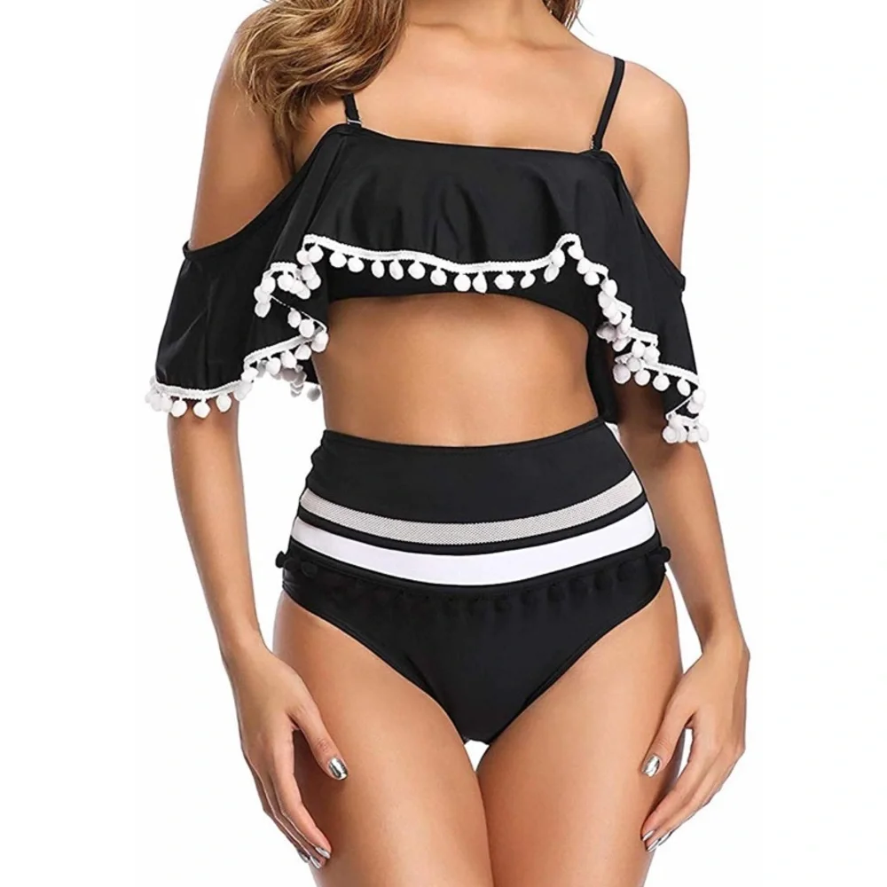 Two Piece Bikini Black Flounce High Rise Swimsuit - Picture 2 of 7